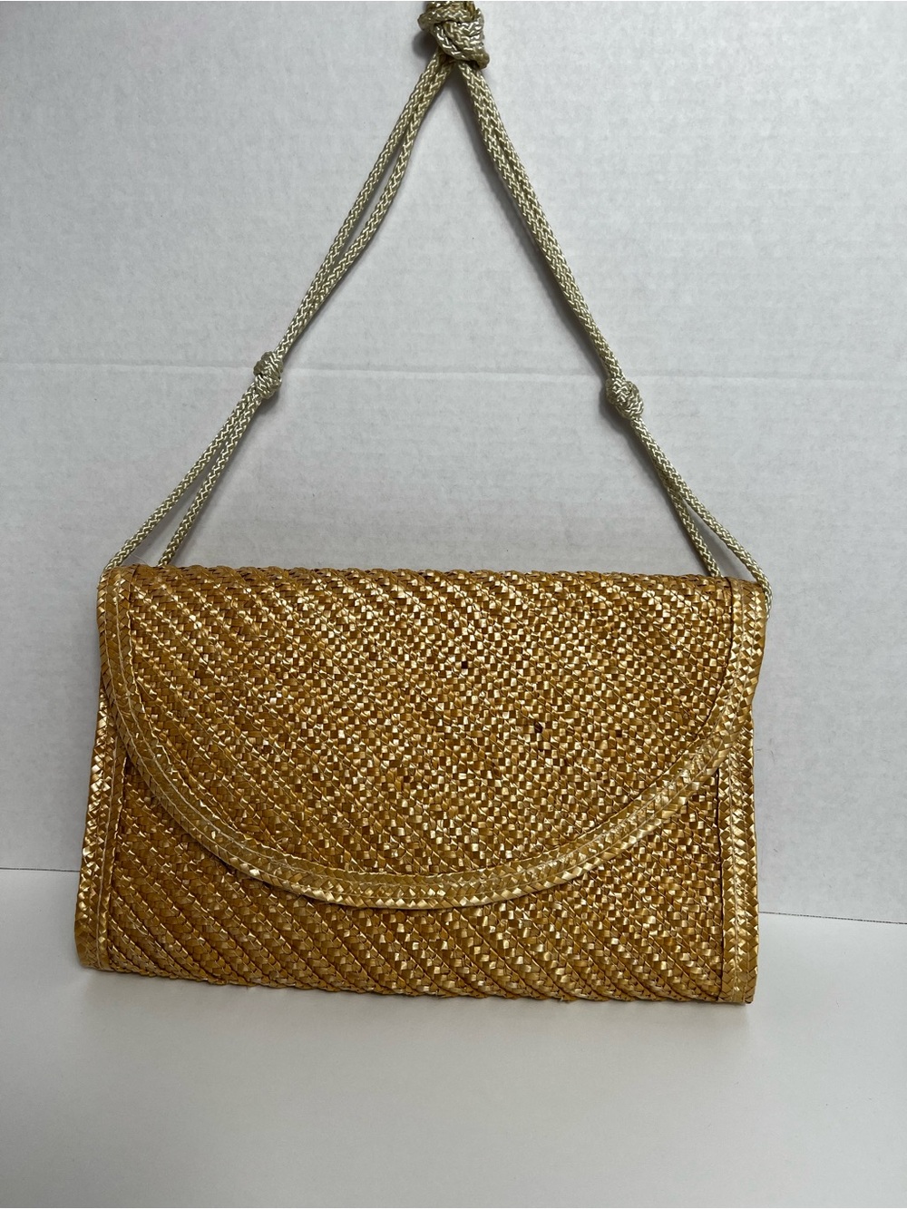 Vintage 80s Gold Woven Envelope Clutch Convertible Crossbody Purse